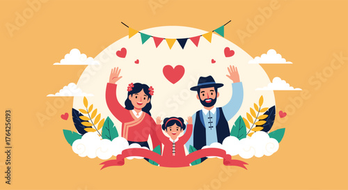Happy family celebrating together with joyful expressions and raised arms.