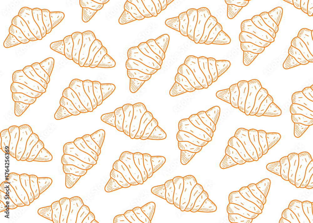 Fototapeta premium Hand-drawn croissant seamless pattern in sketch line art style on cream background. Elegant bakery-themed vector illustration, perfect for cafe branding, packaging design, wallpaper.