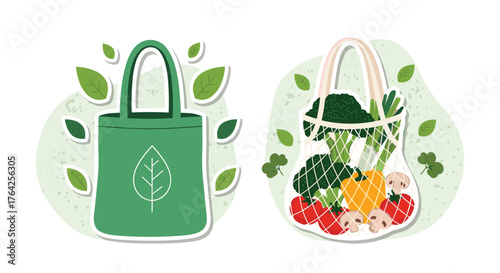 Green reusable shopping bag and string bag filled with fresh vegetables.