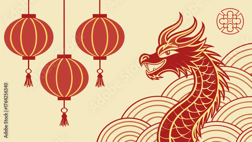 Lunar New Year Celebration: A festive illustration of the Lunar New Year, featuring a stylized red dragon, hanging lanterns, and a traditional cloud design on a yellow background.