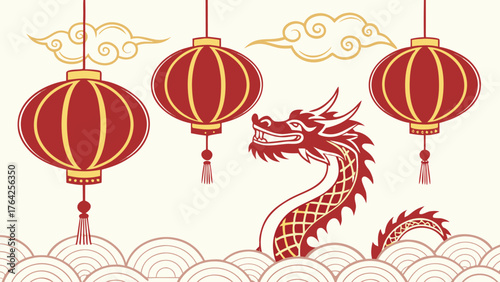 Lunar New Year Celebration: A festive illustration of the Lunar New Year, featuring a stylized red dragon, hanging lanterns, and a traditional cloud design on a yellow background.
