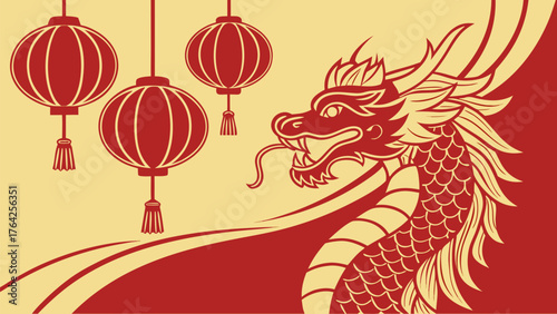 Lunar New Year Celebration: A festive illustration of the Lunar New Year, featuring a stylized red dragon, hanging lanterns, and a traditional cloud design on a yellow background.