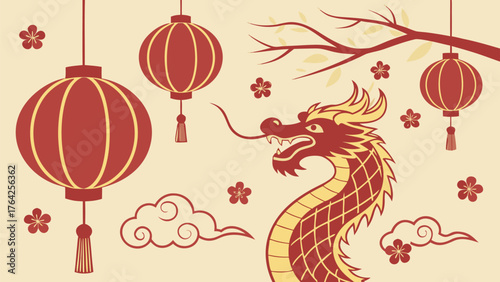 Lunar New Year Celebration: A festive illustration of the Lunar New Year, featuring a stylized red dragon, hanging lanterns, and a traditional cloud design on a yellow background.