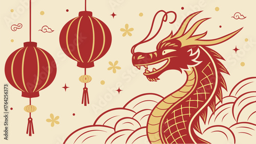 Lunar New Year Celebration: A festive illustration of the Lunar New Year, featuring a stylized red dragon, hanging lanterns, and a traditional cloud design on a yellow background.