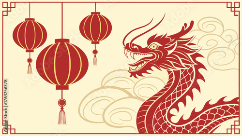 Lunar New Year Celebration: A festive illustration of the Lunar New Year, featuring a stylized red dragon, hanging lanterns, and a traditional cloud design on a yellow background.