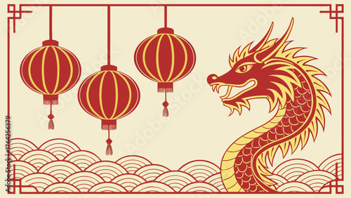 Lunar New Year Celebration: A festive illustration of the Lunar New Year, featuring a stylized red dragon, hanging lanterns, and a traditional cloud design on a yellow background.