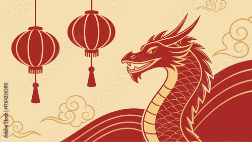 Lunar New Year Celebration: A festive illustration of the Lunar New Year, featuring a stylized red dragon, hanging lanterns, and a traditional cloud design on a yellow background.