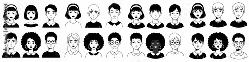 Collection of diverse monochrome avatar portraits. Flat design vector set featuring young people for user profiles and social media.
