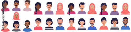Large set of diverse multicultural flat vector avatars and profile icons for men and women, isolated on white background.