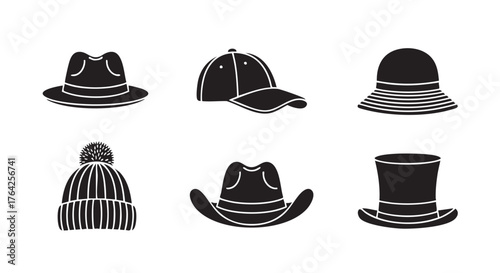 Collection of diverse hats in black and white simple design