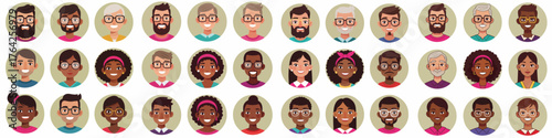 Diverse vector avatar collection of smiling faces including men and women of various ages, ethnicities, and professional styles.