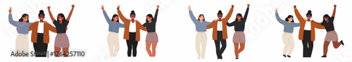 Diverse group of three young women celebrating friendship, victory, and empowerment with raised arms.