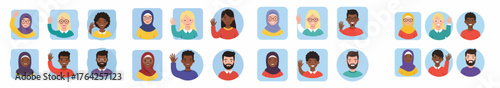 Diverse collection of smiling multicultural avatars waving hello, representing global community, social media profiles, and online communication.