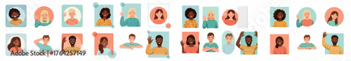 Diverse set of smiling avatars showing young multi-ethnic men and women in various frame shapes, waving or posing.