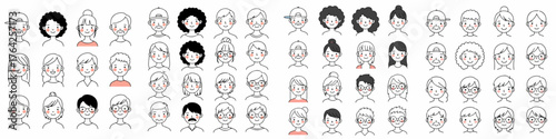 Large collection of diverse cartoon avatar icons featuring different genders, ages, and hairstyles in a simple line art style.