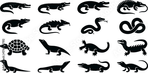 Collection of black reptile and amphibian silhouettes on white background alligator silhouette