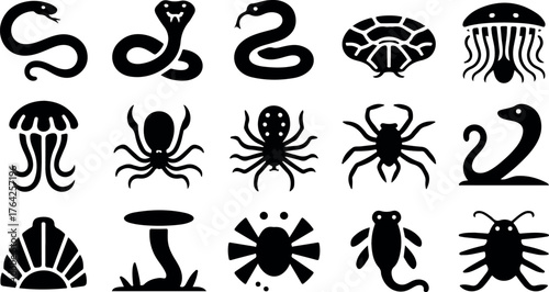 Collection of black silhouette icons of venomous animals and sea creatures snake silhouette cobra silhouette