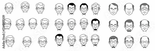 Diverse set of senior men head avatars with glasses, featuring different hairstyles and facial expressions, presented as black and white line icons.