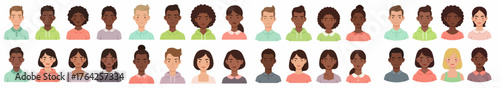 Set of 24 diverse, multi-ethnic young men and women avatar portraits in modern flat vector illustration style.