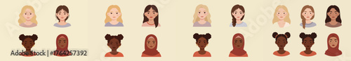 Diverse set of young women avatars and portraits featuring various ethnicities, skin tones, hairstyles, and a Muslim woman wearing a hijab. Vector illustration.