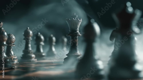 Wallpaper Mural Moody chessboard scene with a central king in sharp focus among blurred pawns and fog under blue fog Torontodigital.ca