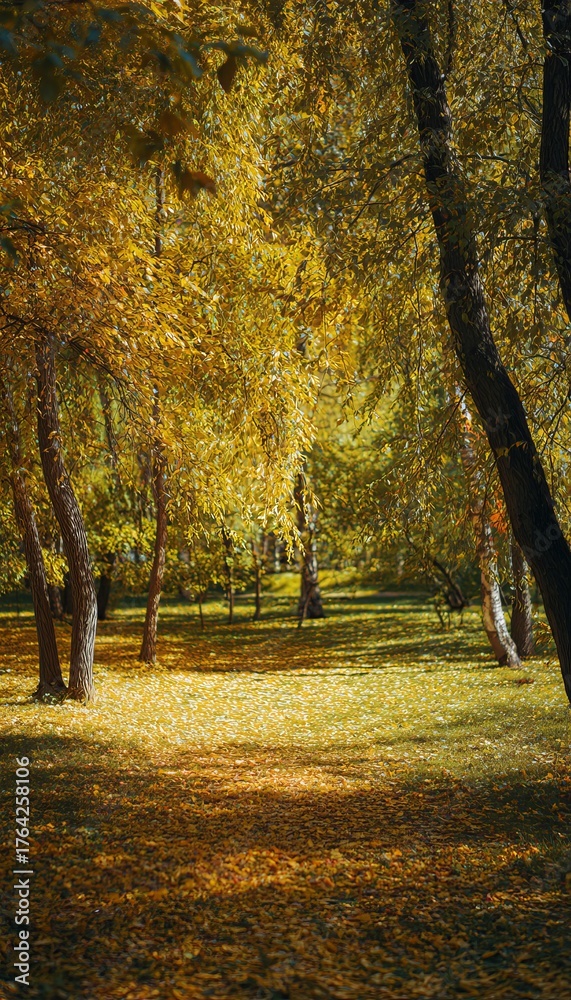 Naklejka premium Vibrant autumn park scene with golden and crimson foliage and soft sunlight filtering through trees