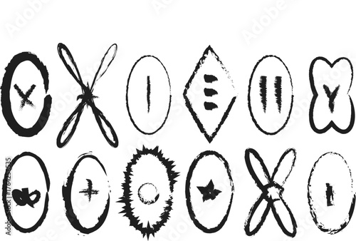 Grunge Black and White Symbols: Hand-Drawn Abstract Shapes, Geometric Icons, Graphic Design Elements, Brush Stroke Art, Vector Illustration