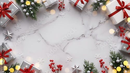 Festive christmas presents and decorations arranged in a circular frame on a marble background with bokeh lights