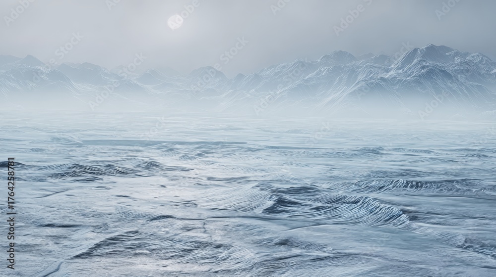 Fototapeta premium Breathtaking frozen ocean landscape on europa with ice sheets, cracks, and distant icy mountains