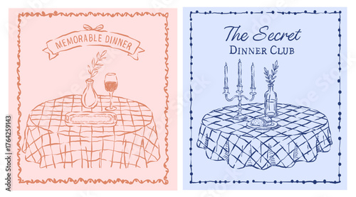 Vector set of a table. Family dinner or party time.