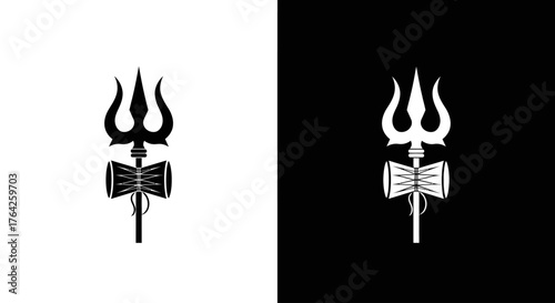 A stark black and white graphic representation of the Trishula, a divine trident, adorned with a Damaru drum, symbolizing Hindu deities.