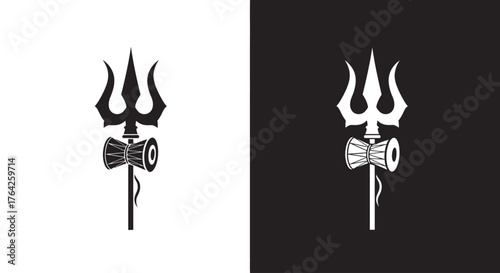 A stark black and white graphic representation of a trident, a traditional symbol associated with Lord Shiva, accompanied by a damaru drum, presented on contrasting backgrounds.