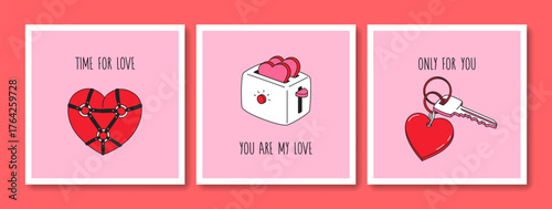 Hand drawn greeting cards set of Valentines Day and Love with typography. Vintage design with romantic elements and stickers. Minimal doodle concept for print, banner, invitation, poster, flyer
