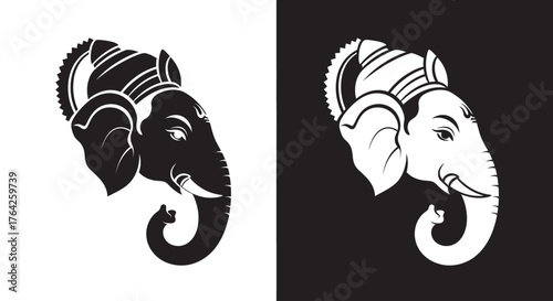 Stylized profile illustrations of Lord Ganesha's head, presented in both black on white and white on black contrasting designs.