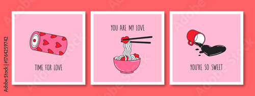 Hand drawn greeting posters set of Valentines Day and Love with typography. Trendy design with romantic elements and stickers. Minimal doodle concept for print, banner, invitation, card, flyer