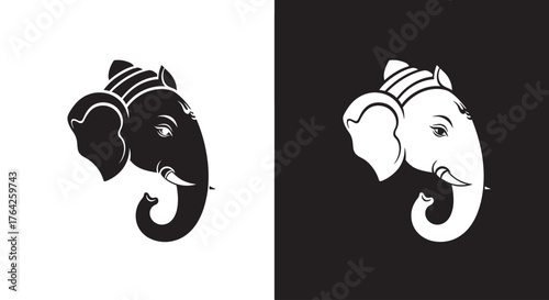 Stylized black and white Ganesha head illustrations on contrasting backgrounds, depicting the revered Hindu elephant deity.