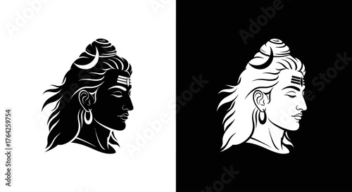 Stylized black and white profile illustration of Lord Shiva with crescent moon and third eye mark.