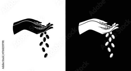 Two stylized hands, one black and one white, are shown cupped and open, with small oval shapes falling from them, symbolizing generosity or the distribution of resources.