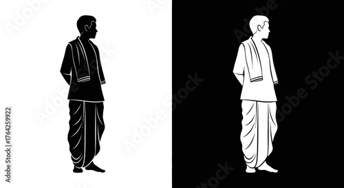A silhouette and outline illustration of a man in traditional Indian attire, standing with his hands behind his back, presented in both black and white versions.