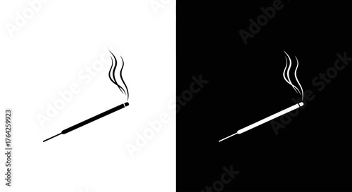 Minimalist graphic icons of a burning incense stick with rising smoke, shown in black on a white background and its inverse.