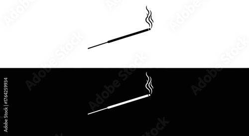 A simple black and white graphic of a burning incense stick with smoke, mirrored in positive and negative space.