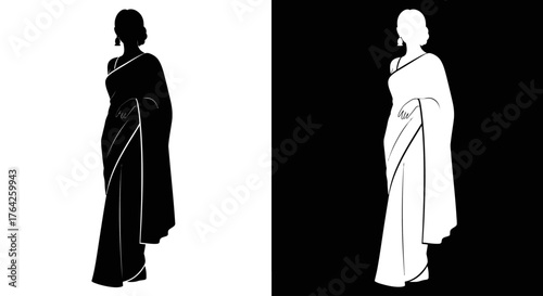 Silhouette of a woman elegantly draped in a traditional Indian saree, presented in both black and white versions against contrasting backgrounds.