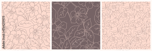 Seamless floral pattern, line art botanical print in brown, beige colors. Elegant minimalist ditsy design of outline hand-drawn lily flowers, large leaves, stems in abstract composition. Vector set.