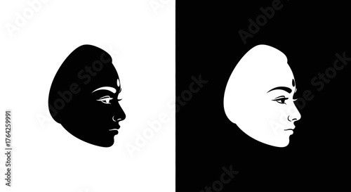 A graphic illustration of a woman's profile, split into contrasting black and white inverse halves symbolizing duality.