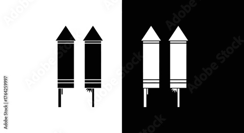 Two stylized rockets, one black on white and one white on black, stand side by side.