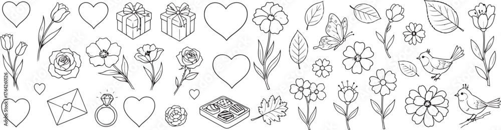 Obraz premium A collection of hand-drawn botanical elements featuring flowers leaves and other natural designs for creative projects vector