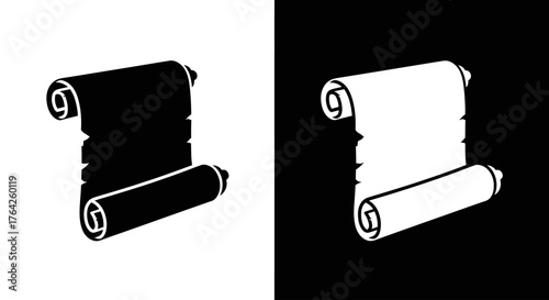 Two contrasting scrolls, one black on white, the other white on black, representing duality.