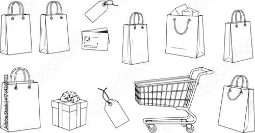Sketchy hand drawn shopping bags gift boxes price tags and shopping cart collection for retail commerce vector