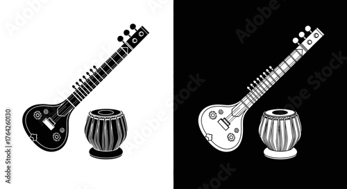 Black and white illustration of a sitar and tabla drum set, presented in two contrasting color schemes.