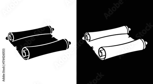 Two stylized scrolls, one black on white, the other white on black, with rolled edges.